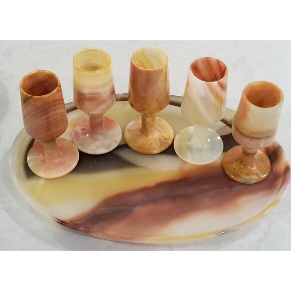 Onyx Shot Glasses Gorgeous Set Of 5 Cups with Tray Alcohol Liquor vintage - Picture 1 of 10